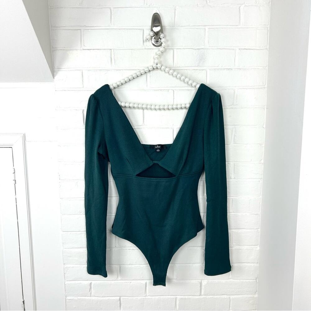 Lulus Green Ribbed Long Sleeve Cut Out Bodysuit Size L